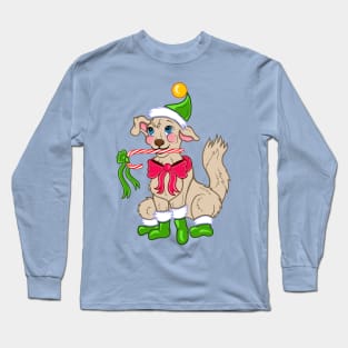 Chistmas Elf Puppy Dog with Candy Cane Long Sleeve T-Shirt